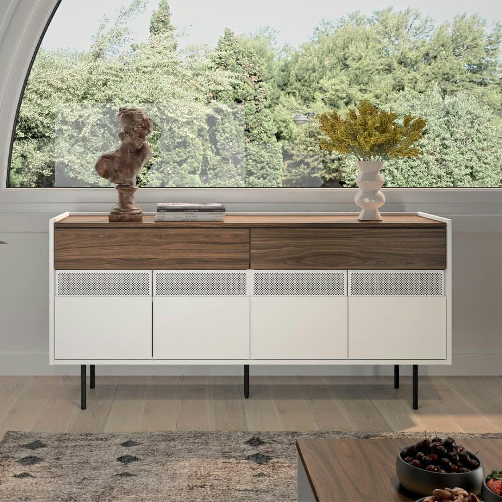 RADIO - Buffet  placage noyer et blanc laqué