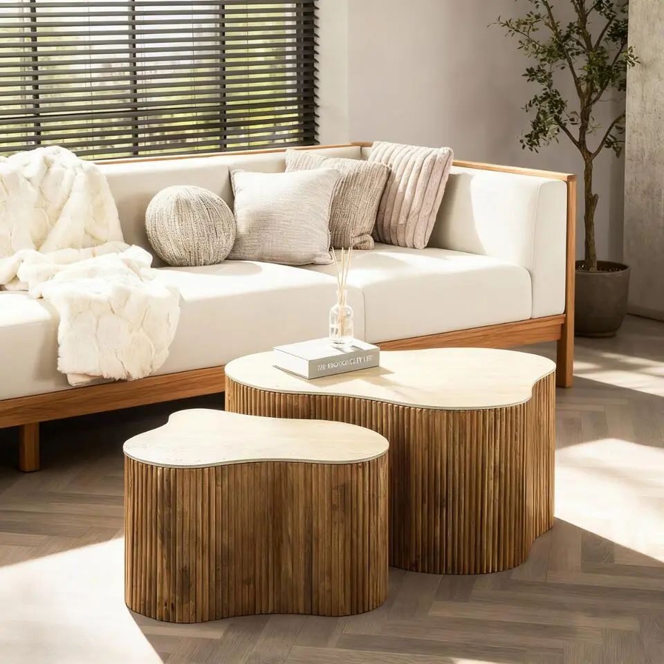 Salontafel Organisch Beige/Hout - Set Van 2 - Nuovo