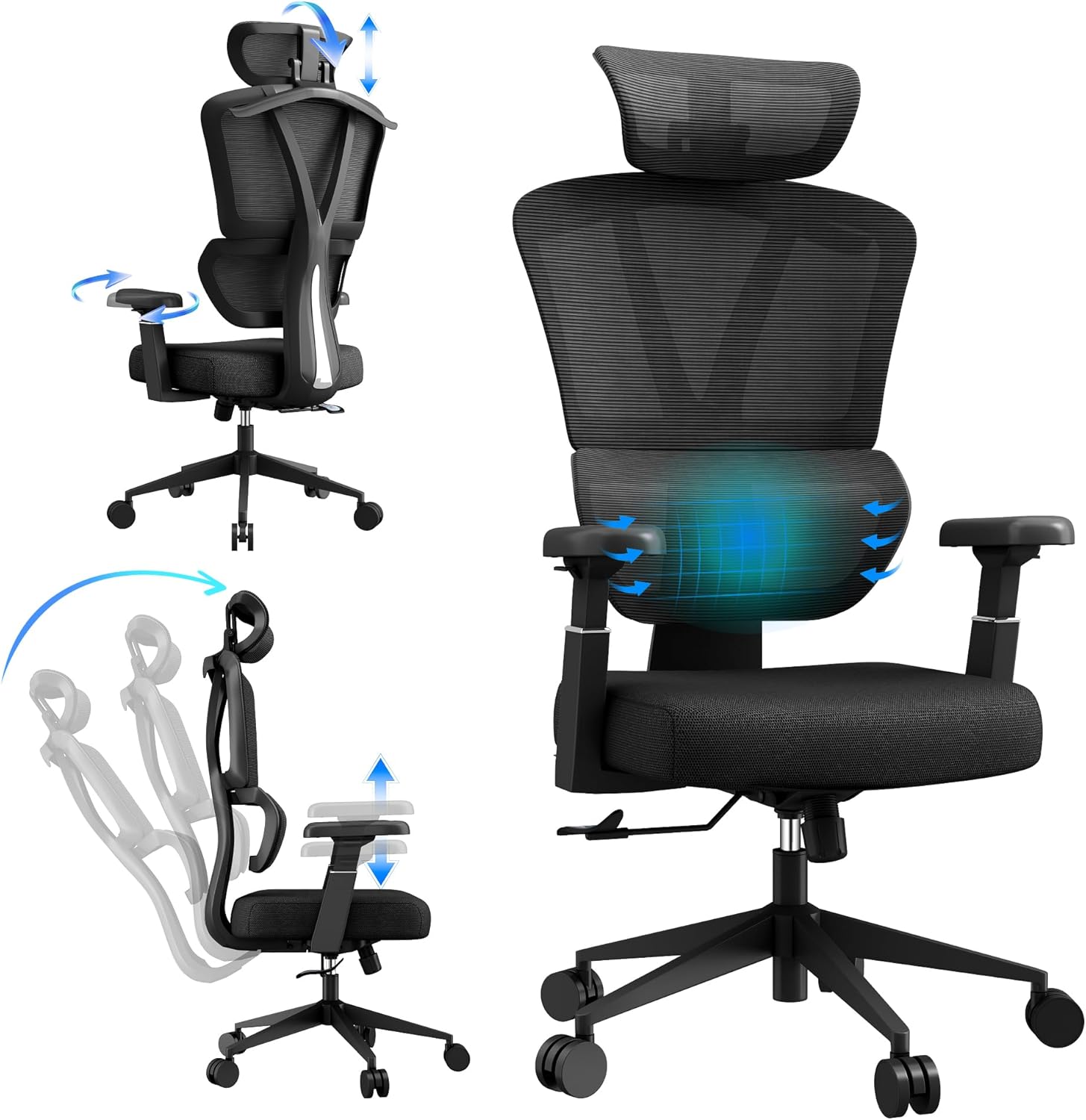 Ergonomic Office Chair Mesh High Back Computer Desk Chair with Lumbar Support, Adjustable Headrest, 3D Armrests, Tilt Lock for Home Office & Gaming