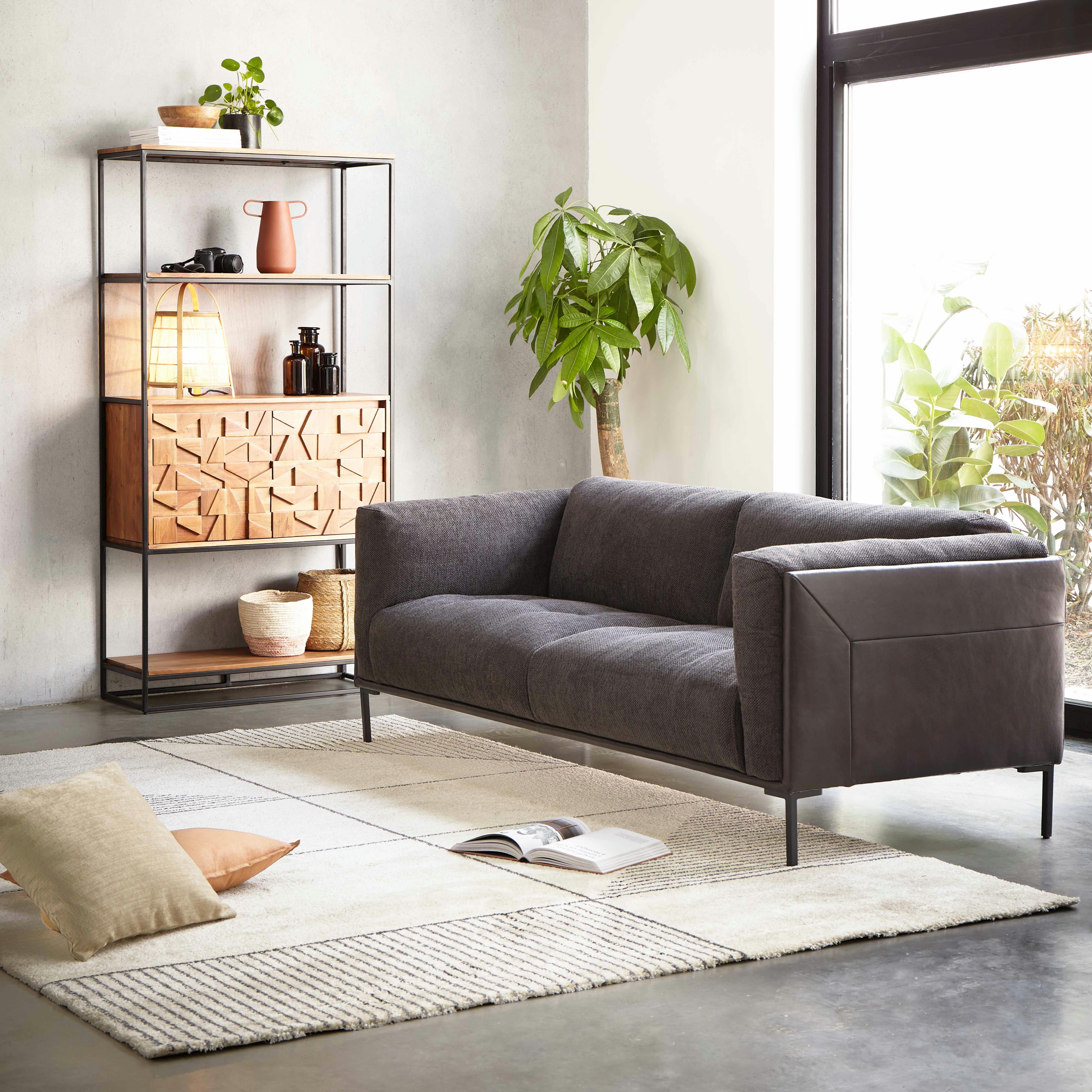 CLYDE - Tapis rectangulaire motif linéaire à poils courts beige 120 x 170 cm