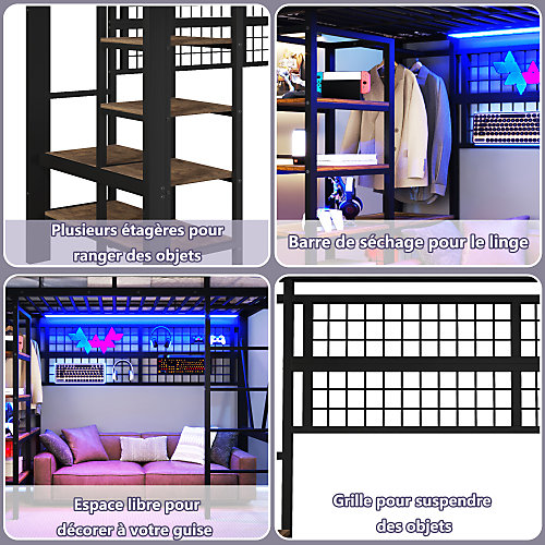 Lit mezzanine 90x200cm - structure en fer - rangements - éclairage LED - noir (matelas non inclus)