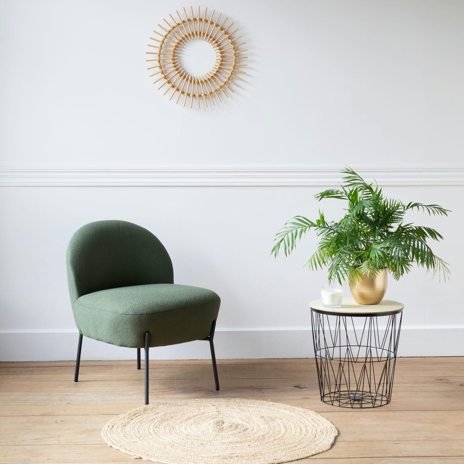 HELMI - Fauteuil en tissu boucle vert kaki