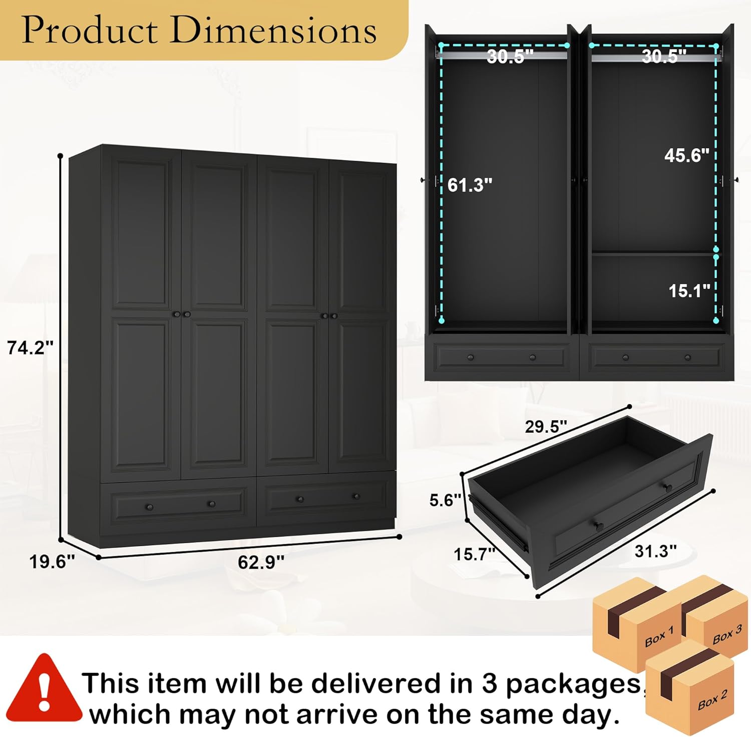 Armoire Wardrobe Closet with Drawers: 63 Black Wardrobe Closet with 4 Doors and 2 Drawers, Wood Clothes Armoire with Hanging Rod, Clothing Storage Cabinet for Bedroom