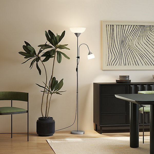 Lampadaire 2 têtes base métal dia. 28 x 179,5H cm gris blanc