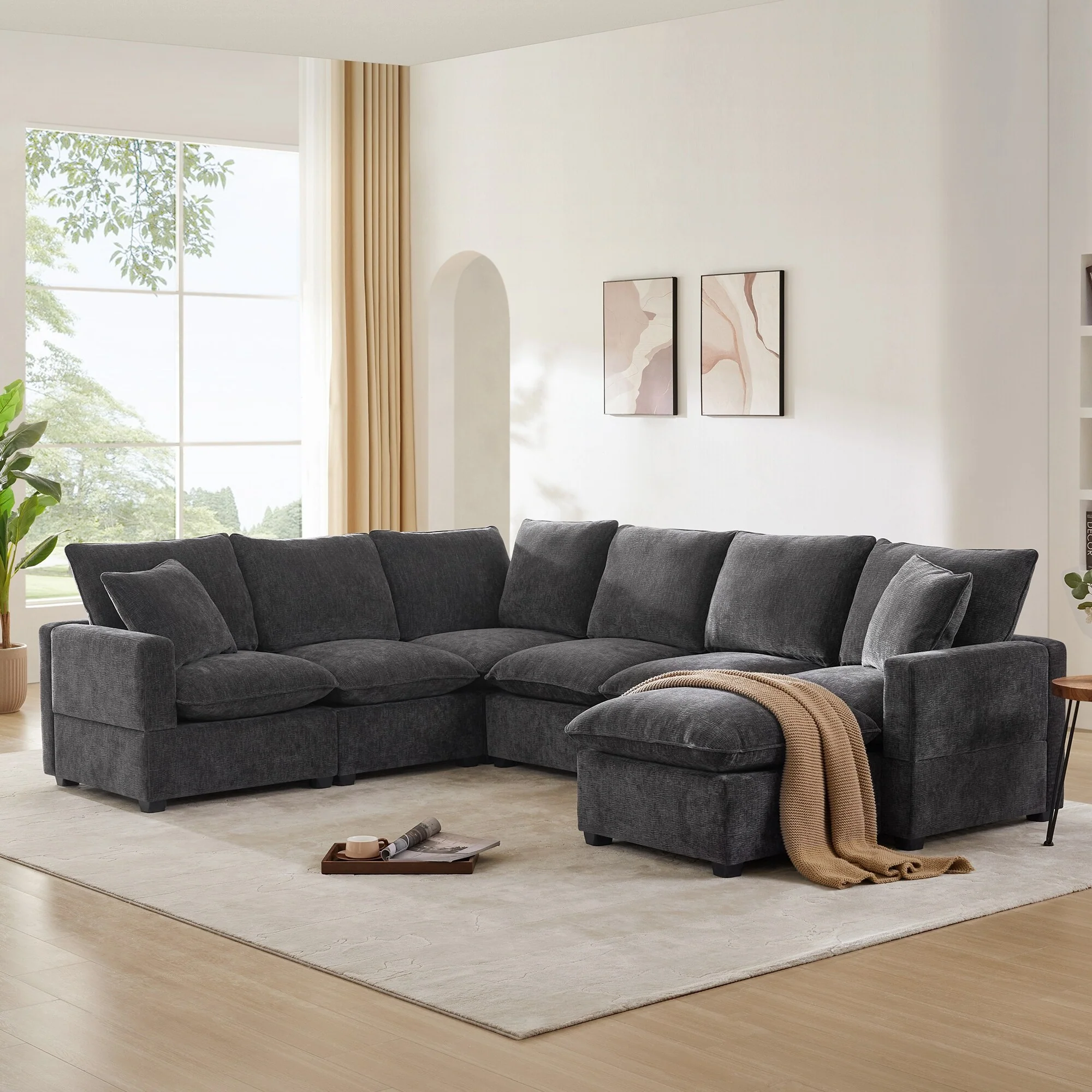 Modern Modular Sofa with Pure Foam Cushions and Chenille Upholstery and Reversible Seating for Living Rooms and Gathering Spaces