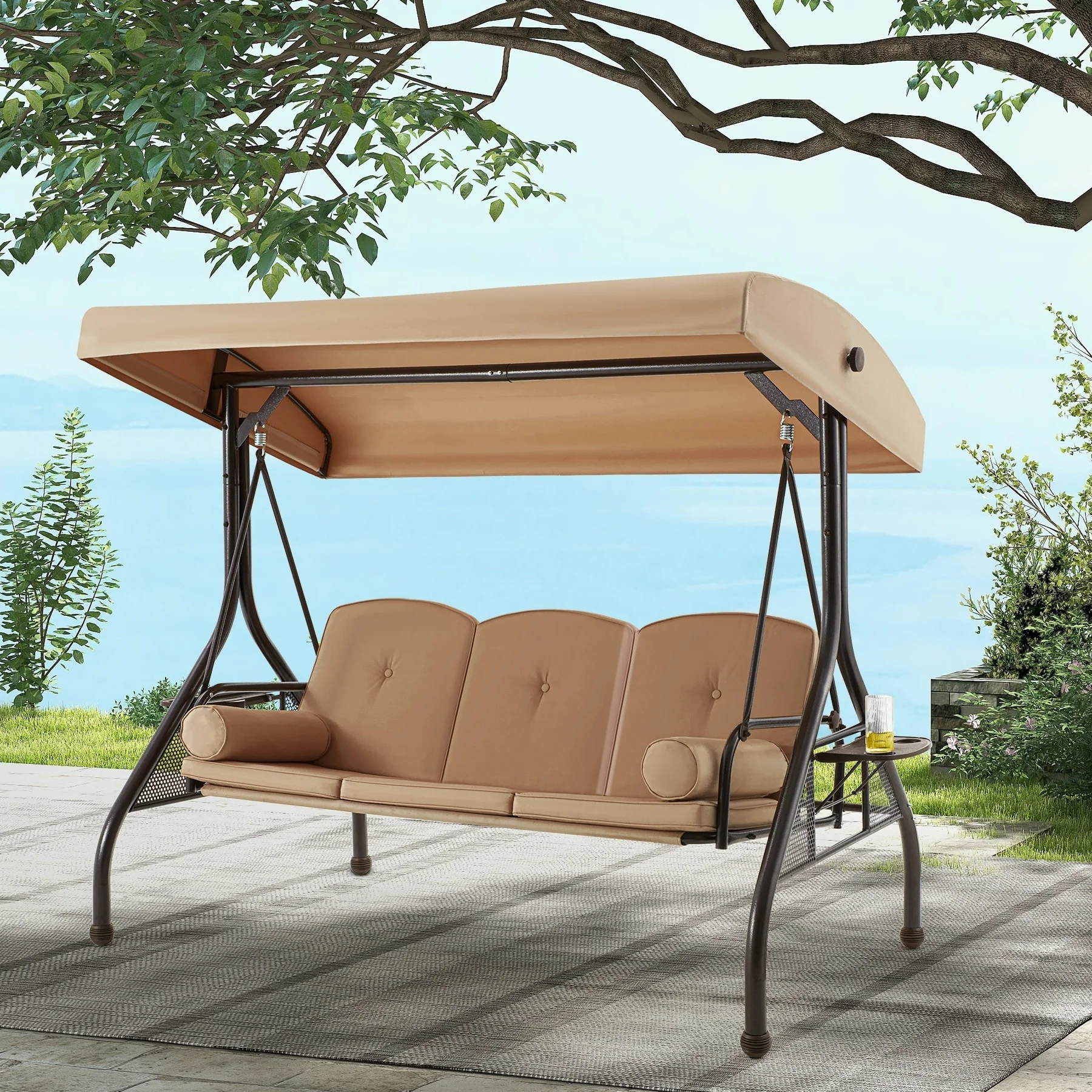 3-Seat Outdoor Porch Swing with Adjustable Canopy & Stand, Convertible Bed, All-Weather, Thickened Cushions & Cup Holders