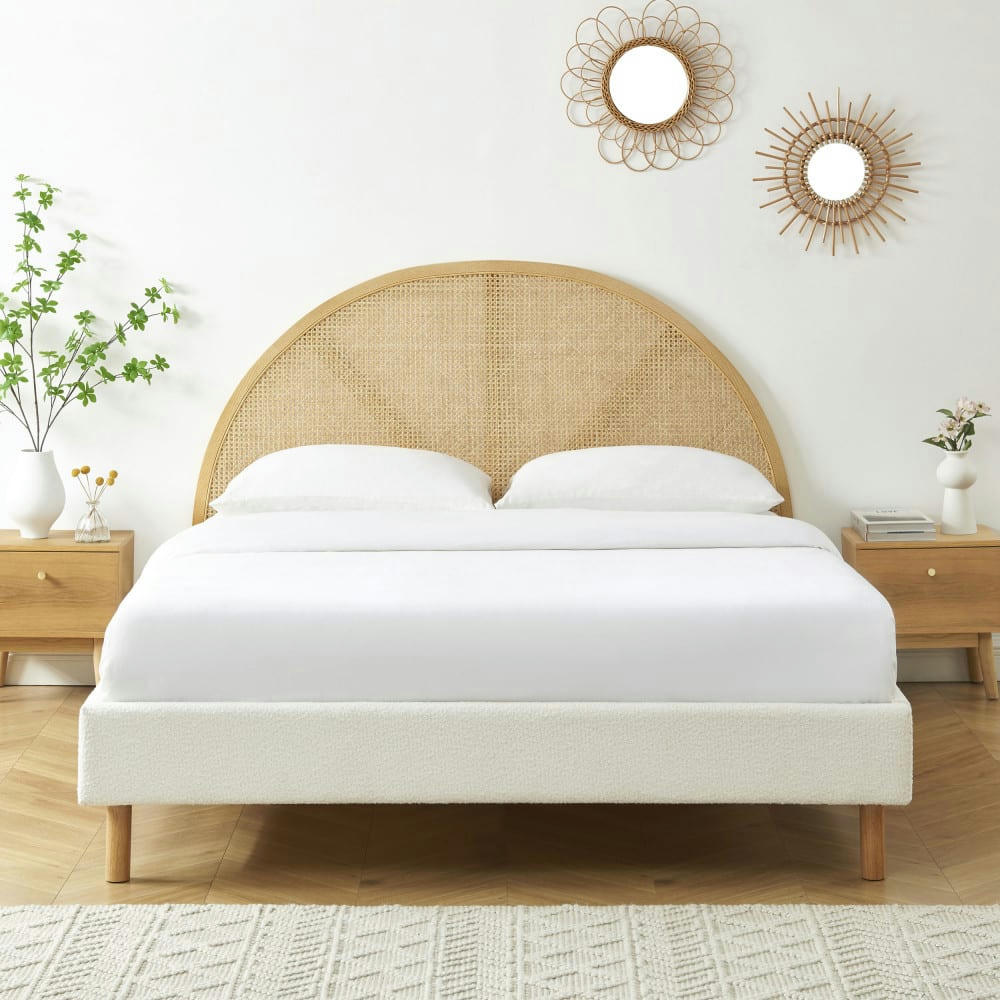 TAJUR - Lit en tissu bouclette et cannage 140x190cm ecru