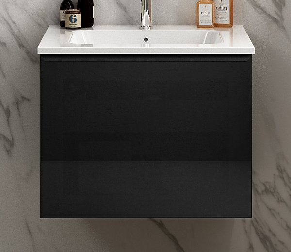 Meuble vasque suspendu noir mat et verre fumé l.60 cm   plan vasque blanc mat résine, Pura