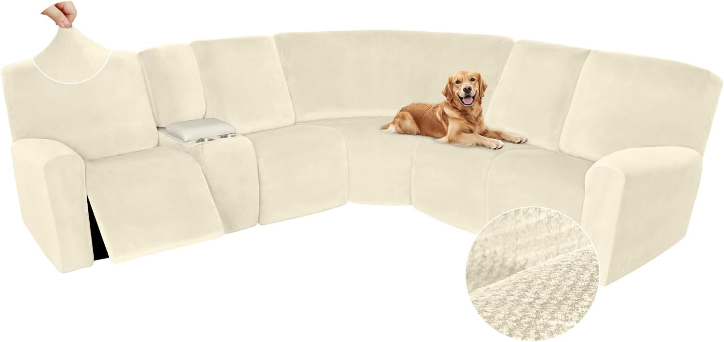 Arfntevss Sectional Recliner Couch Covers Velvet Washable Corner Sectional Sofa Cover for Reclining Stretch Soft Thick L Shape Recliner Slipcover Set (5 Seat with 1 Console Cover, Beige)