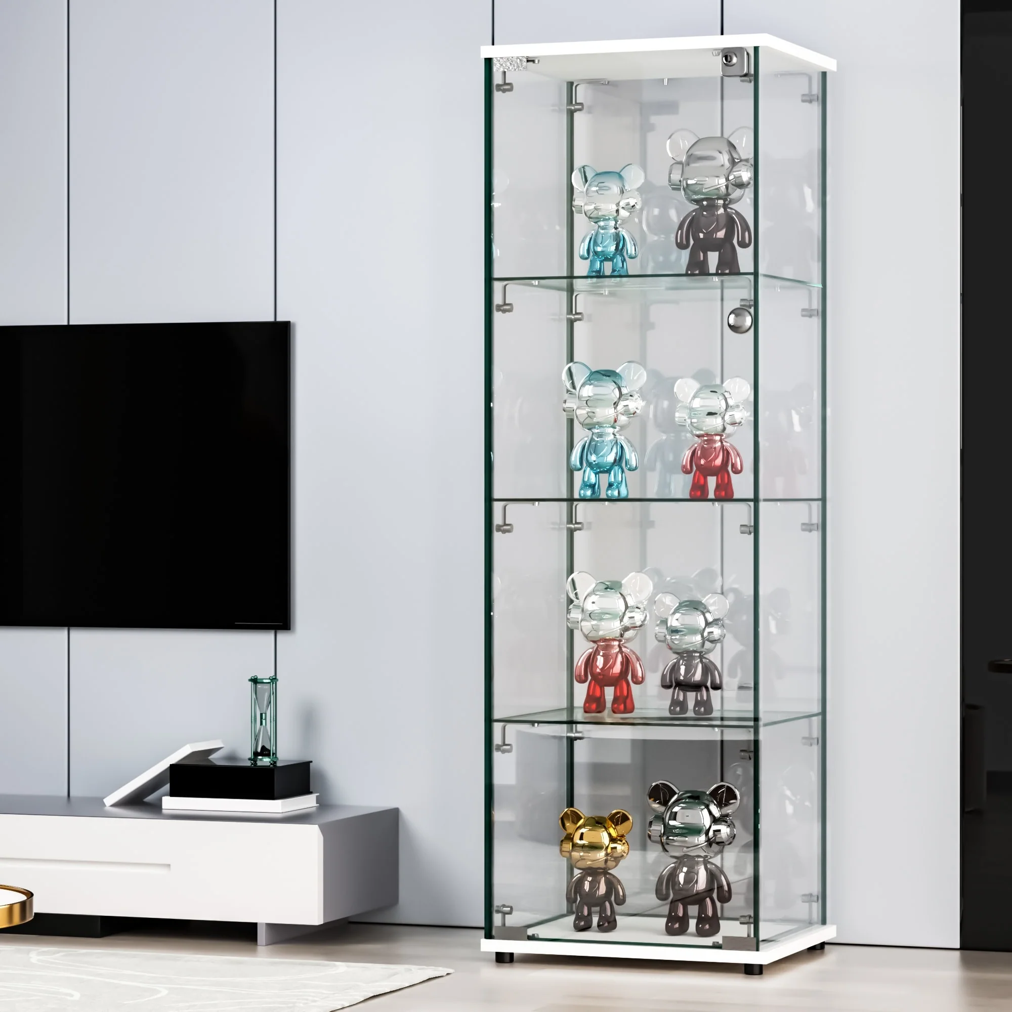 Glass Display Cabinet 4 Shelves with Door,Floor Standing Curio Bookshelf