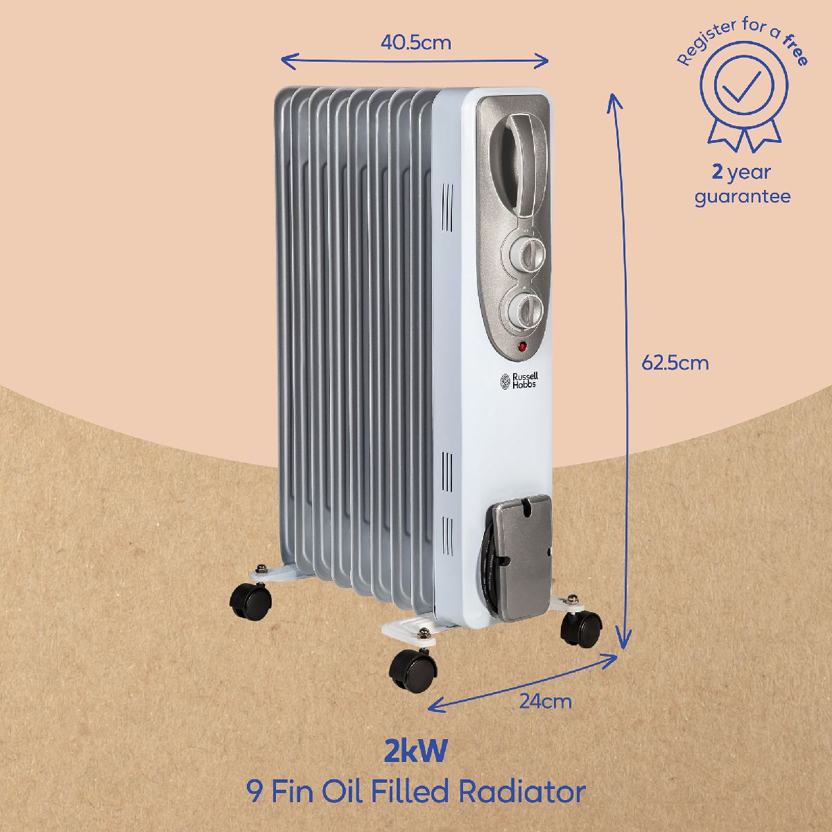 Russell Hobbs Oil Filled Radiator 9 Fin 2000W Electric Heater RHOFR5002