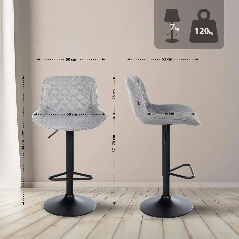 CLP Set van 2 Barkruk Kasson zwart Frame - Stof - grijs