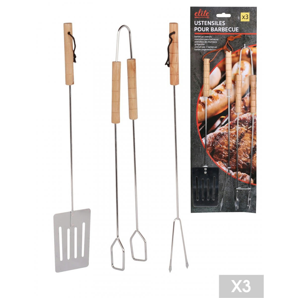 BARBECUE - Set de 3 ustensiles pour barbecue acier et bois