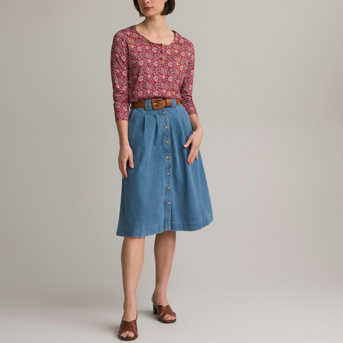 Jupe évasée, en denim, mi-longue