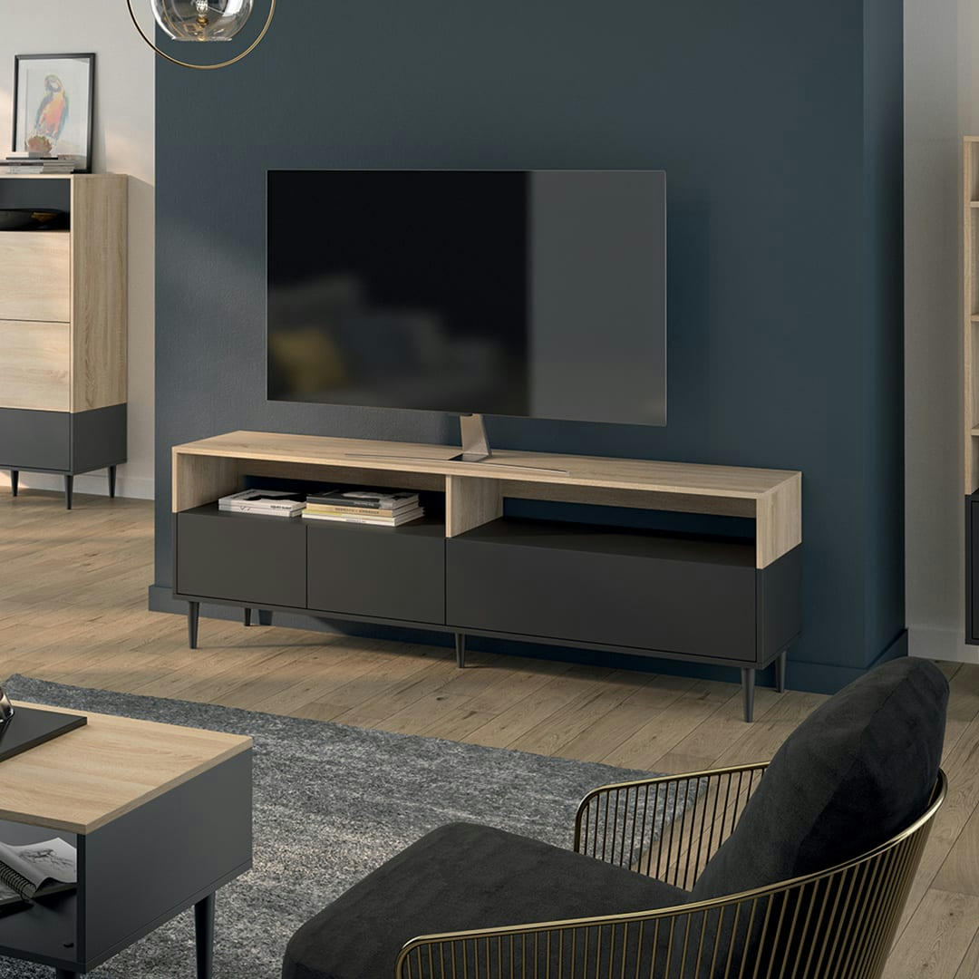 HORIZON - Meuble TV effet bois noir et chêne naturel