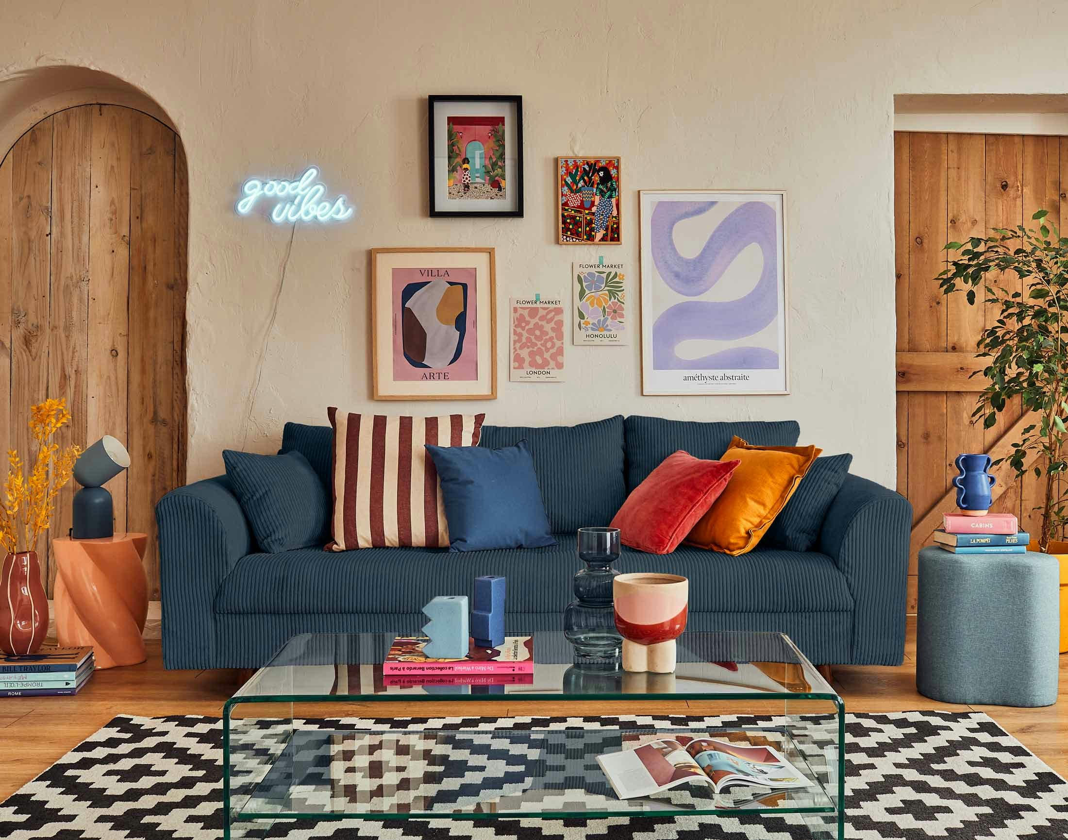 RUNE - Canapé droit 3 places en velours côtelé bleu nuit