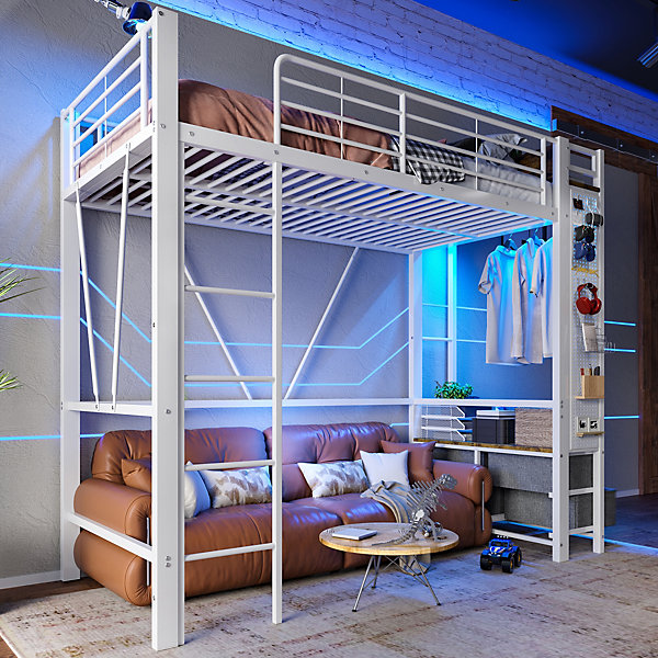 Lit superpose 90x200 cm avec 4 tiroirs LED multicolore et prise USB C structure metal et MDF
