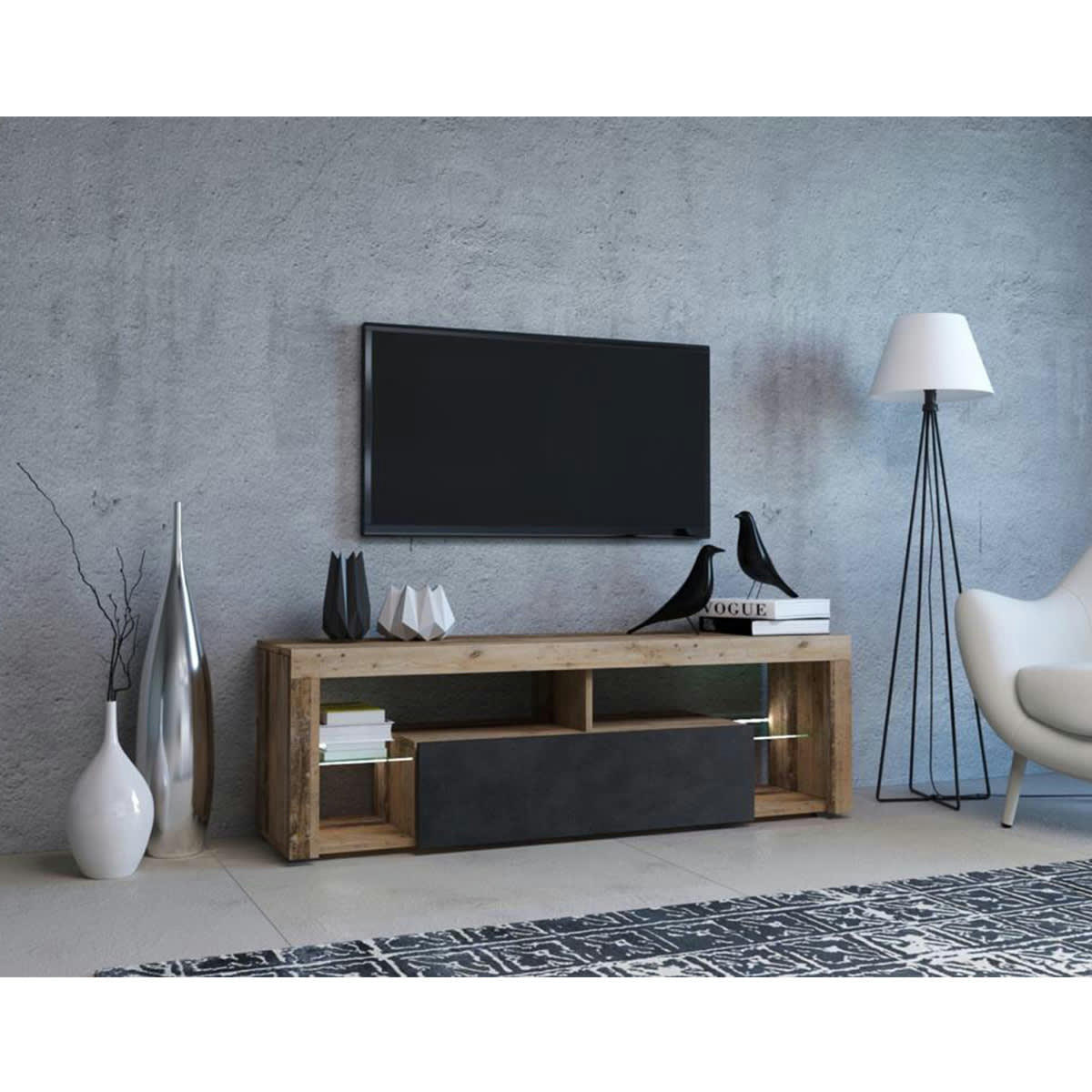 - Meuble tv 1 porte 140 cm avec led naturel et gris anthracite