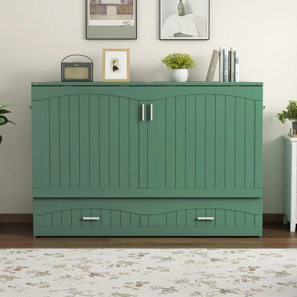 Cabinet with Queen Size Folding Bed and Charging Station（Mattress Is Not Included）