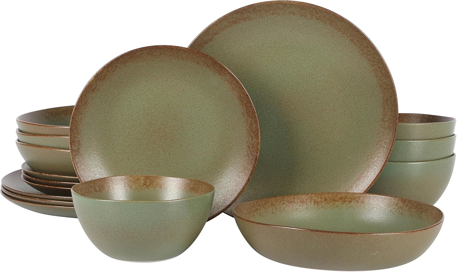 Bloomhouse - Two Time Oprah's Favorite Things Winner - Palermo Sun Double Bowl Stoneware Reactive Glaze Plates and Bowls Dinnerware Set - Cardamom Green, Service for Four (16pcs)