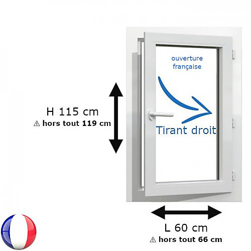 Fenêtre PVC 1 vantail H 115 x L 60 cm OF pour pose en neuf avec poignée - tirant droit