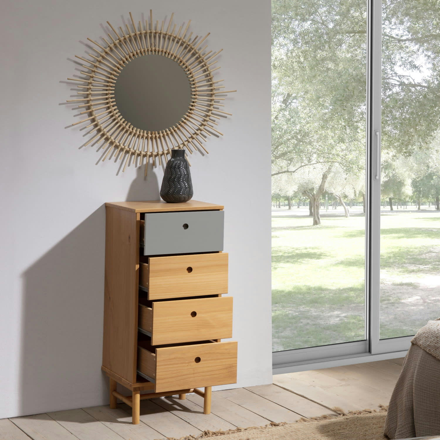 MAGNUS - Chiffonnier de nuit 4 tiroirs, bois massif, 40 cm longueur