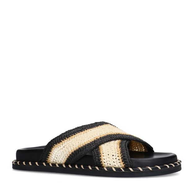 Zwarte plateauslippers met beige band