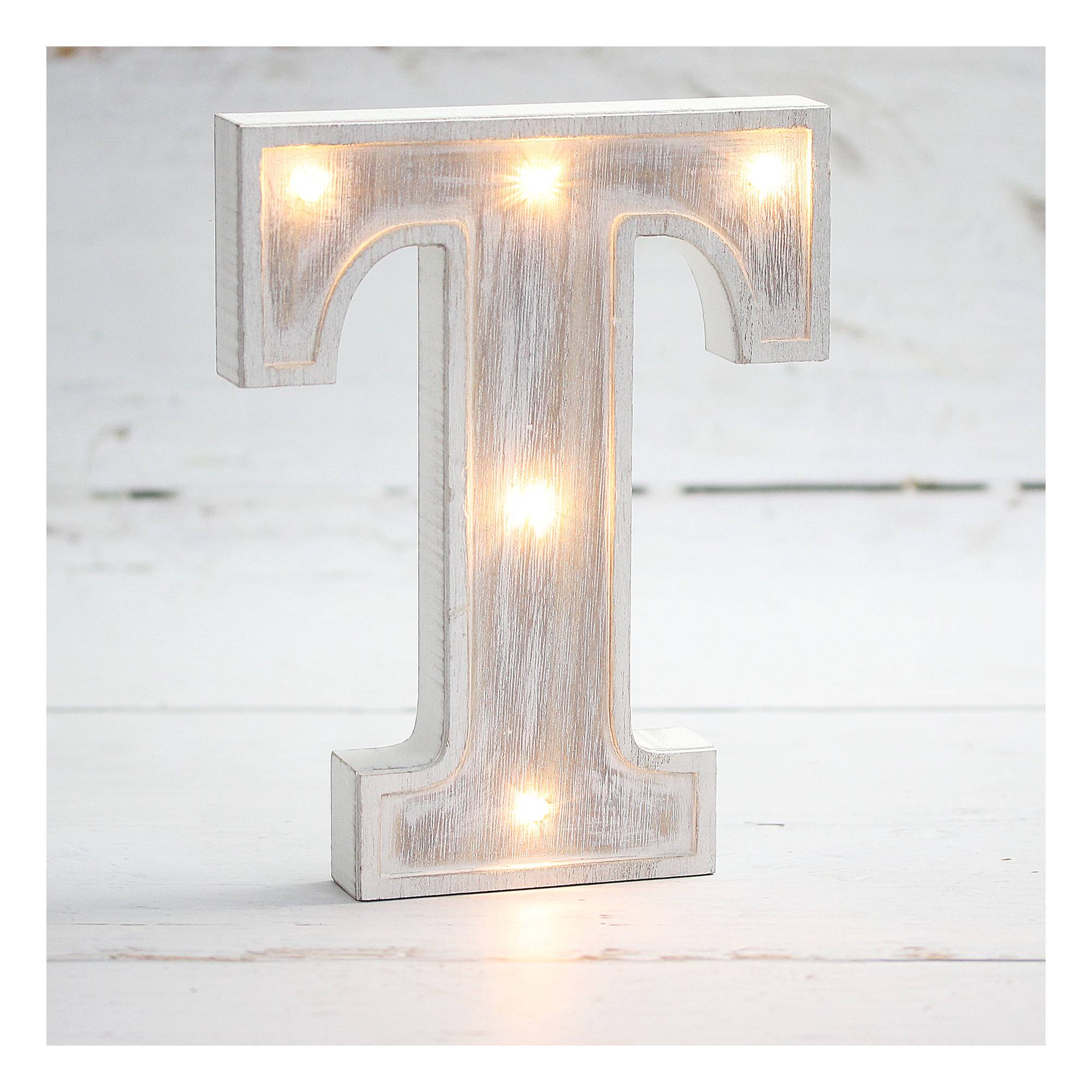 White-Washed Wooden LED Letter T 21cm