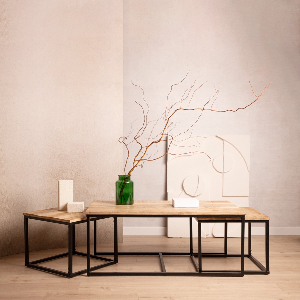 Zestaw stolików kawowych MAYA lite drewno mango + metal 110x60x45 cm/50x50x40cm