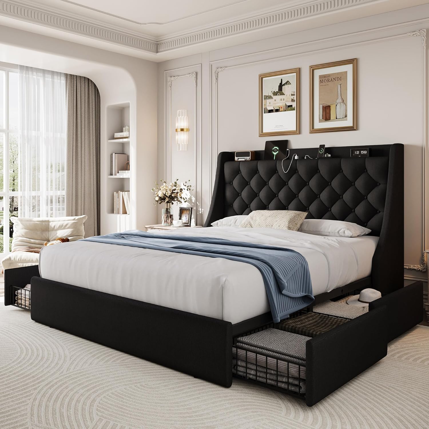 Queen Size Upholstered Platform Bed Frame with 4 Storage Drawers and Charging Station, Linen Button Tufted Wingback Headboard, Sturdy Wooden Support Slats, No Box Spring Needed, Black