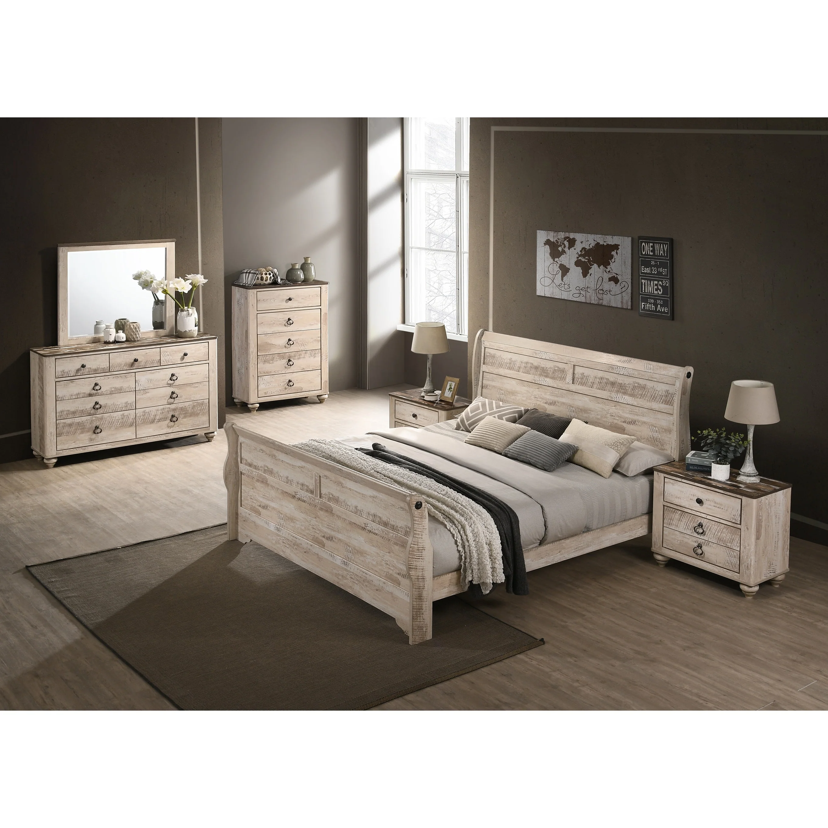 Roundhill Furniture Imerland Contemporary White Wash Finish Bedroom Set with Sleigh Bed, Dresser, Mirror, Two Nightstands, Chest