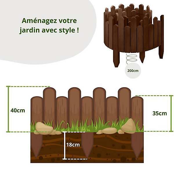 Bordure de Jardin en Bois Clôture d'Extérieur 200 cm x 40 cm Marron Barrières de Jardin Piquets d'ancrage Bordure de Gazon