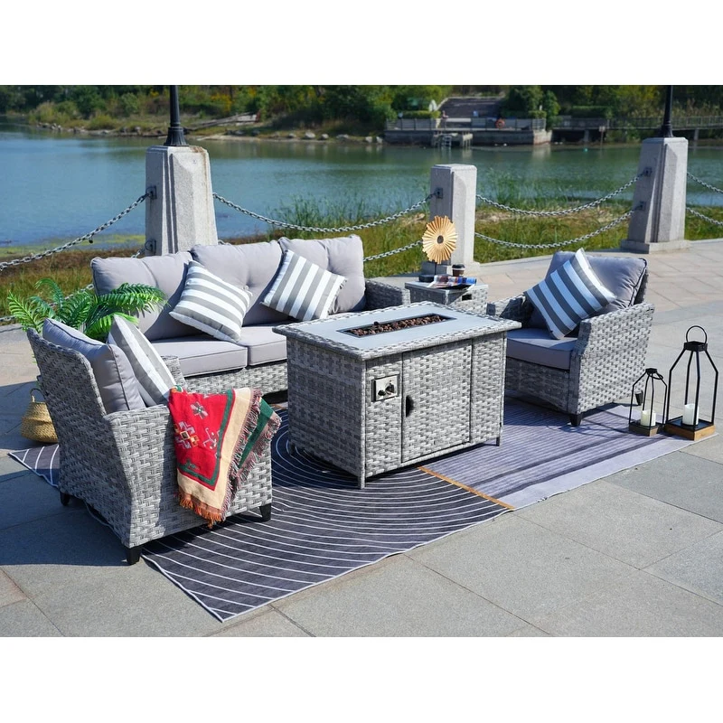 5-Piece Patio Wicker Sofa Set with Firepit Table and Rain cover