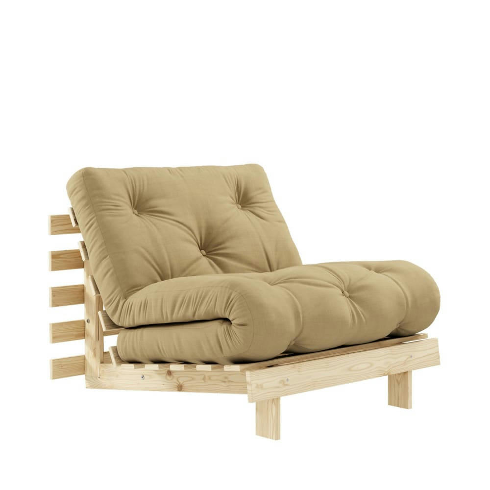 ROOTS - Fauteuil convertible 90x200cm en bois naturel et tissu blé