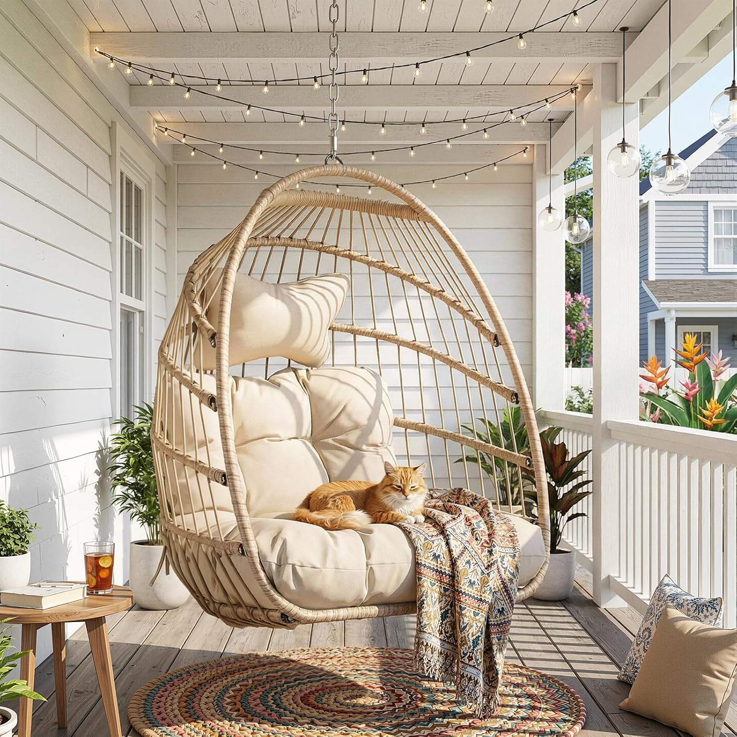 Nicesoul Outdoor Hanging Egg Chair Without Stand, Patio Wicker Swing Egg Basket Chairs with Padded Cushion, 350 Lbs Comfy Cozy Ceiling Tree Swinging Egg-Shaped Chair No Stand for Indoor Balcony, Beige