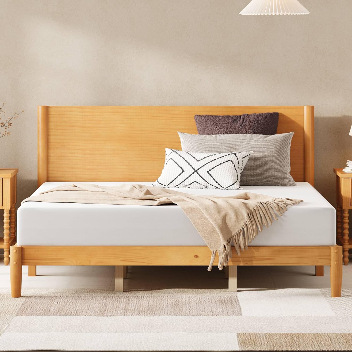 AMERLIFE Solid Wood King Size Bed Frame, Mid Century Modern Platform Bed with Full Panel Headboard, Noise-Free & Cylindrical Legs, No Box Spring Needed, Under-Bed Storage, Natural Wood
