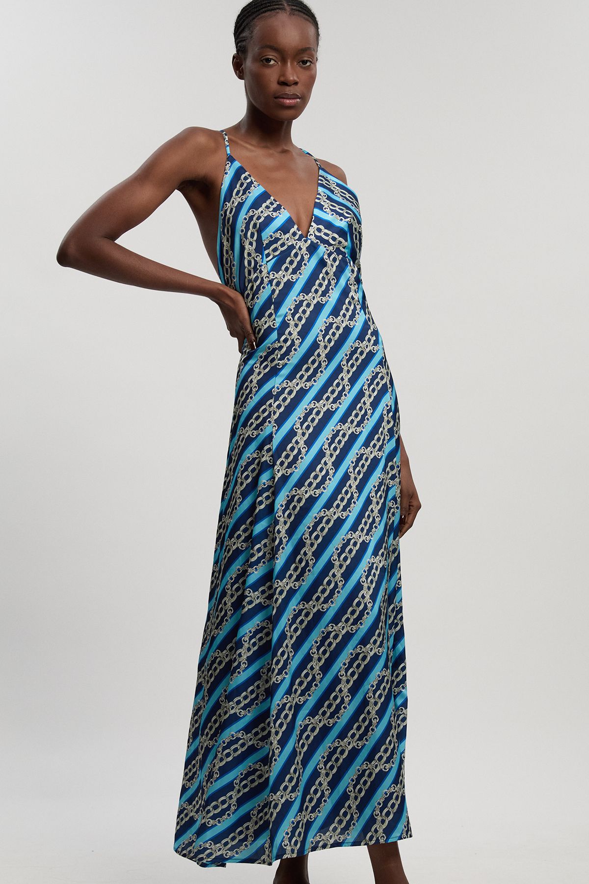 KarenMillen Chain Print Hammered Satin Deep V Strappy Woven Maxi Dress