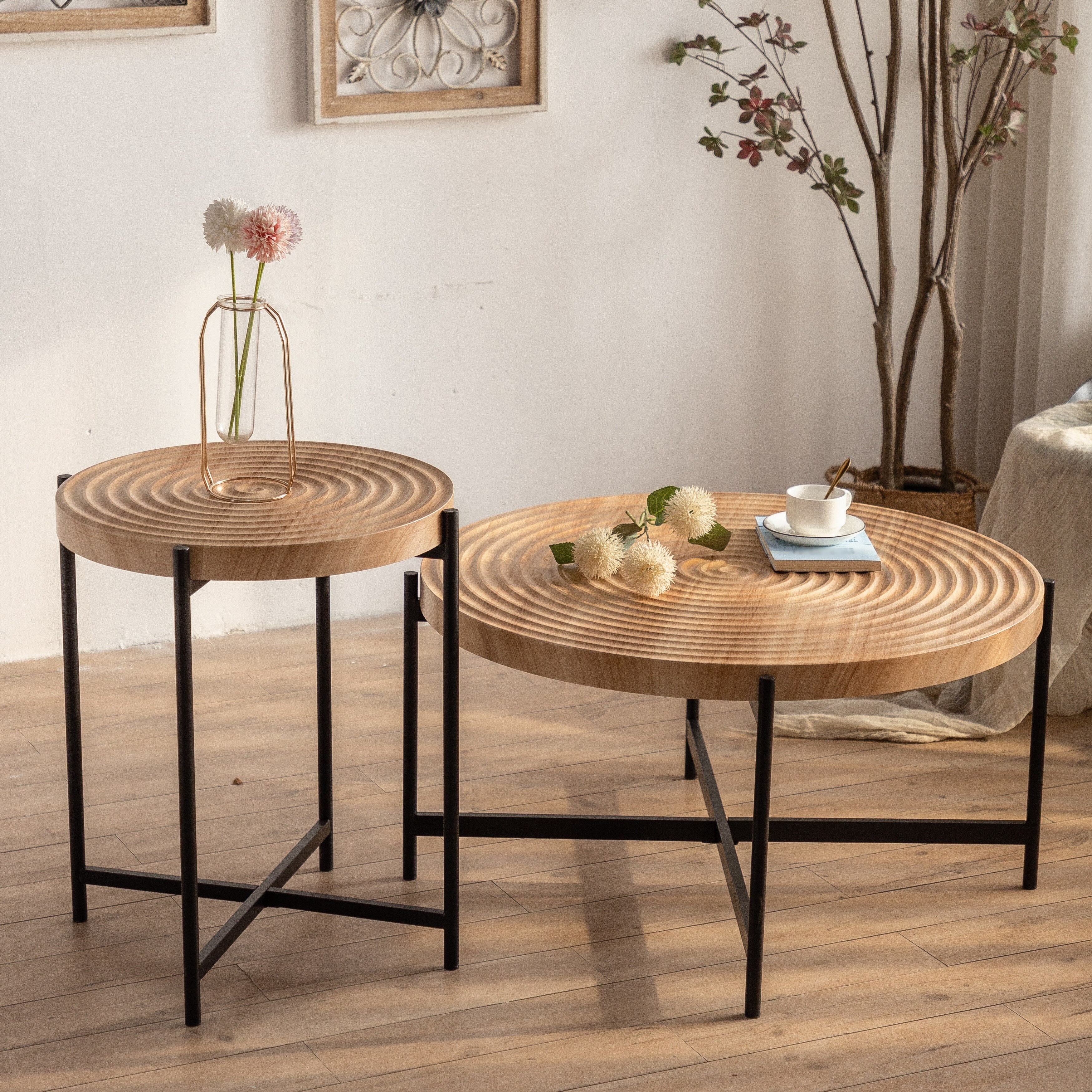 Round Coffee Table with Cross Legs Metal Base (Set of 2)