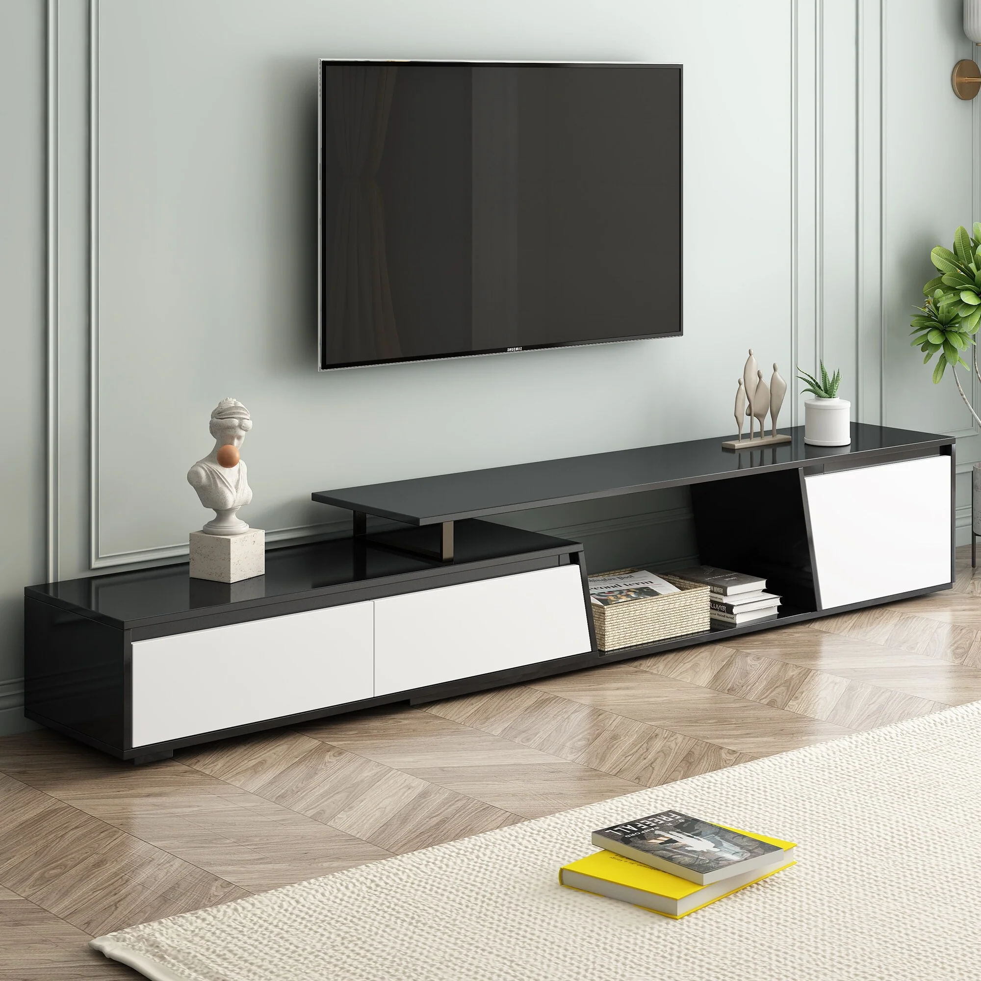 Extendable TV Stand, Entertainment Center Media Console Cabinet with 2 Drawers, TV Console for Living Room, Up to 100