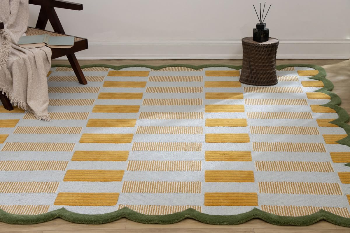 Checkered Hand-Tufted 100% Wool Area Rug - 5x8 Ft, Rectangular Light Blue Base with Mustard and Beige Blocks, Olive Green Scalloped Edge, Cotton Backing Plush Carpet for Bedroom & Nursery
