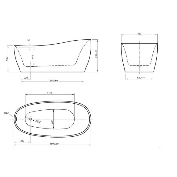 Freistehende Badewanne »Aviva«, BxHxL: 85 x 76 x 180 cm, oval