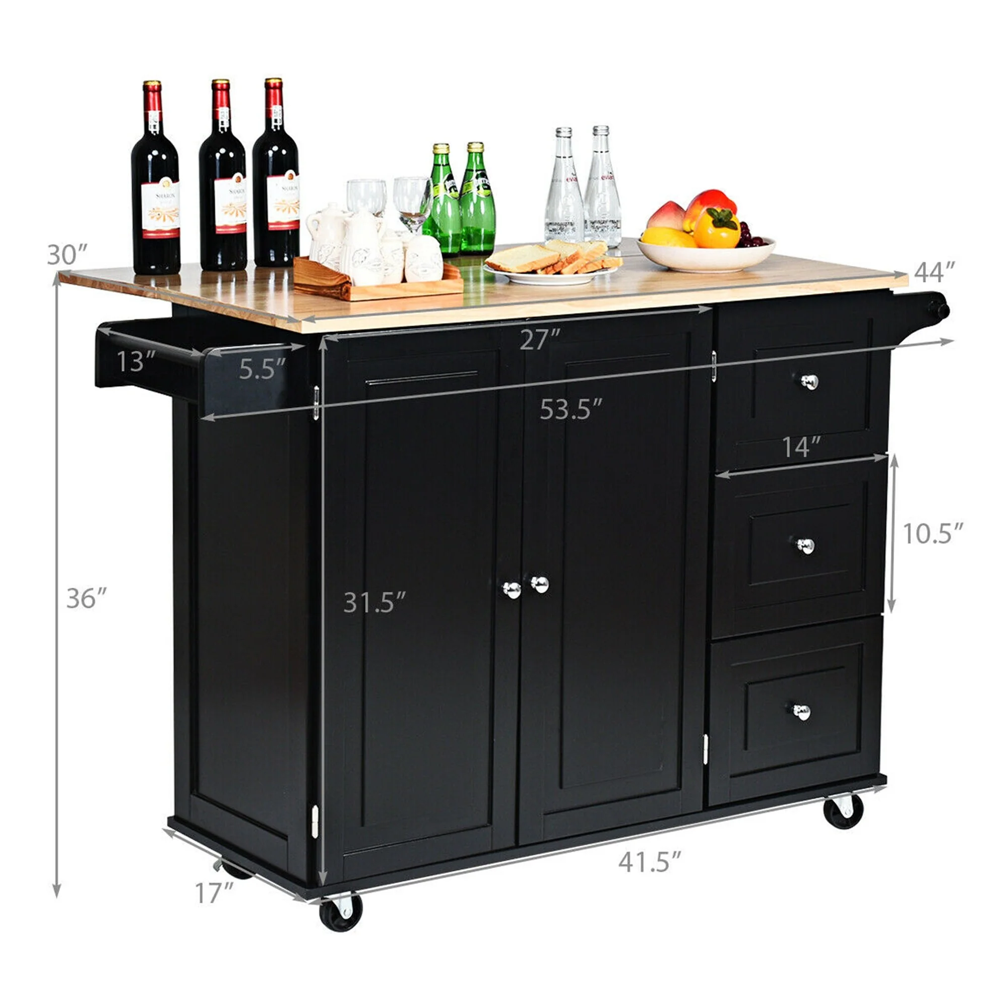 Gymax Drop-Leaf Kitchen Island Trolley Cart Wood Storage Cabinet w/ - See Details