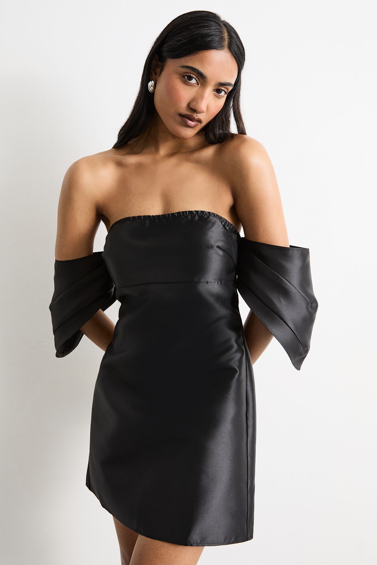Warehouse Structured Puff Sleeve Bardot Mini Dress
