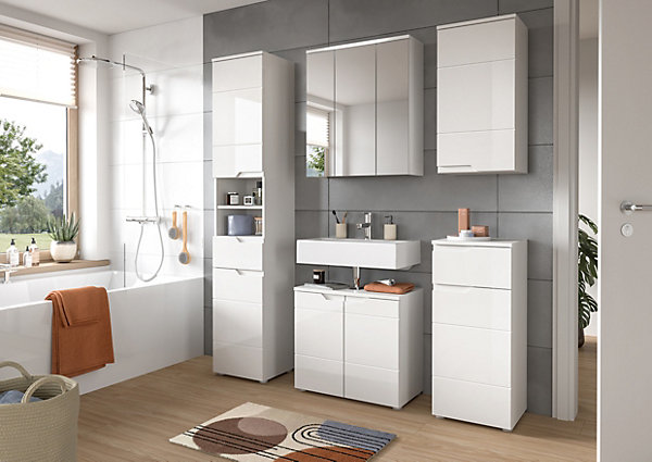 Hama- Meuble sous-lavabo (L/H/P : 63x59x34 cm) en imitation blanc et blanc brillant profond