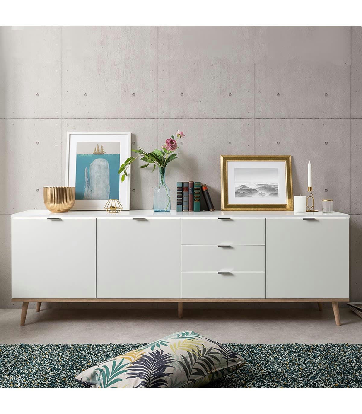 COPENHAGUE - Buffet bas 3 portes 2 étagères 3 tiroirs L200 x H68 cm