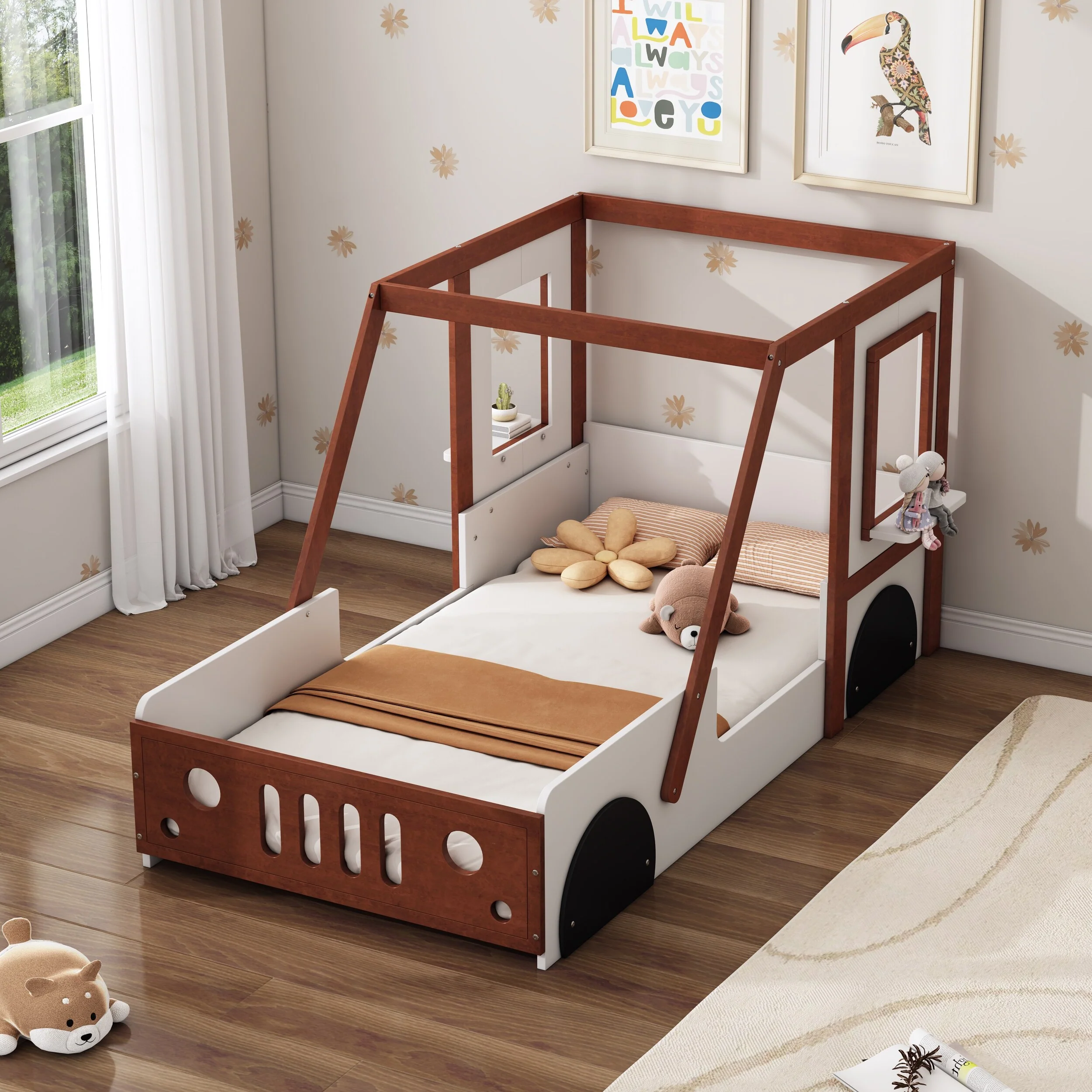 Car-shaped Frame Bed, Twin Size Toddler Floor Bed Fun Play Design Floor Bed Frame for Kids Boys Girls Low Profile Platform Bed