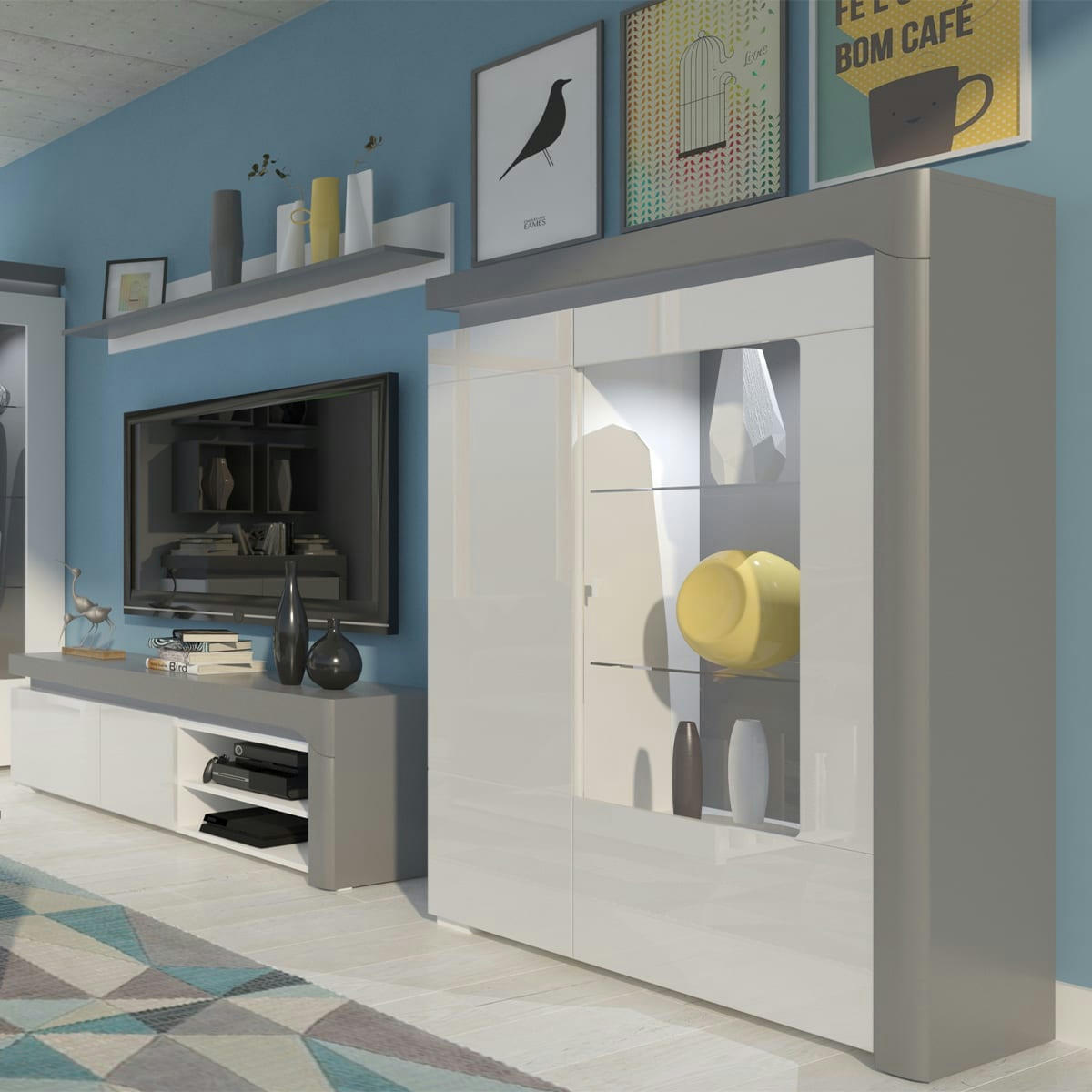 - Vaisselier 2 portes droite LED inclus stratifiés blanc et gris