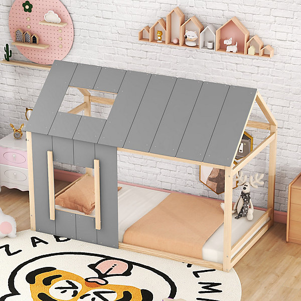 Lit cabane pour enfant 90x200 cm, lit simple au sol avec toit et fenêtre, Design ludique et sécurisé, bois naturel et gris