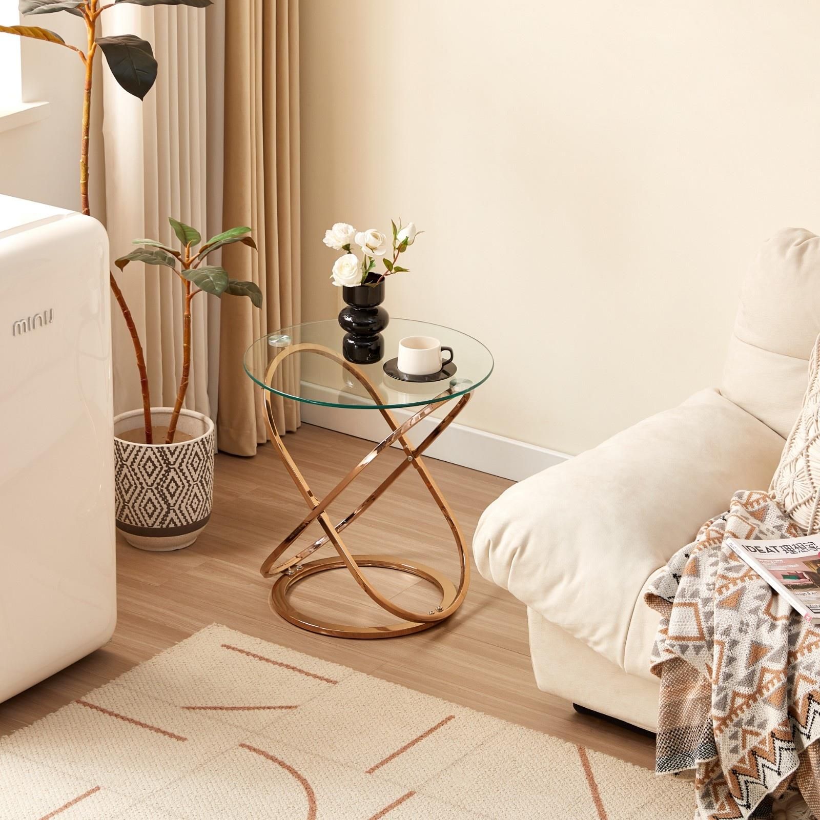 KOSY KOALA Gold End Table with Glass Top and Chrome Legs, Modern Round Side Table for Living Room or Bedroom
