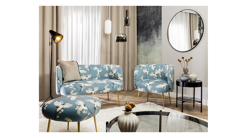 Komplet wypoczynkowy Cloe sofa fotel puf glamour niebieski
